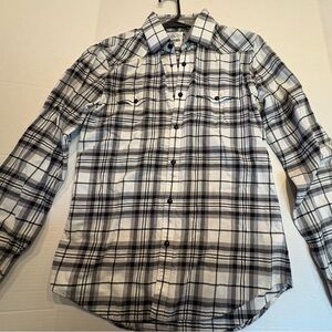Express Men's Fitted Black and White Plaid Button-Down Shirt Snap Buttons Small